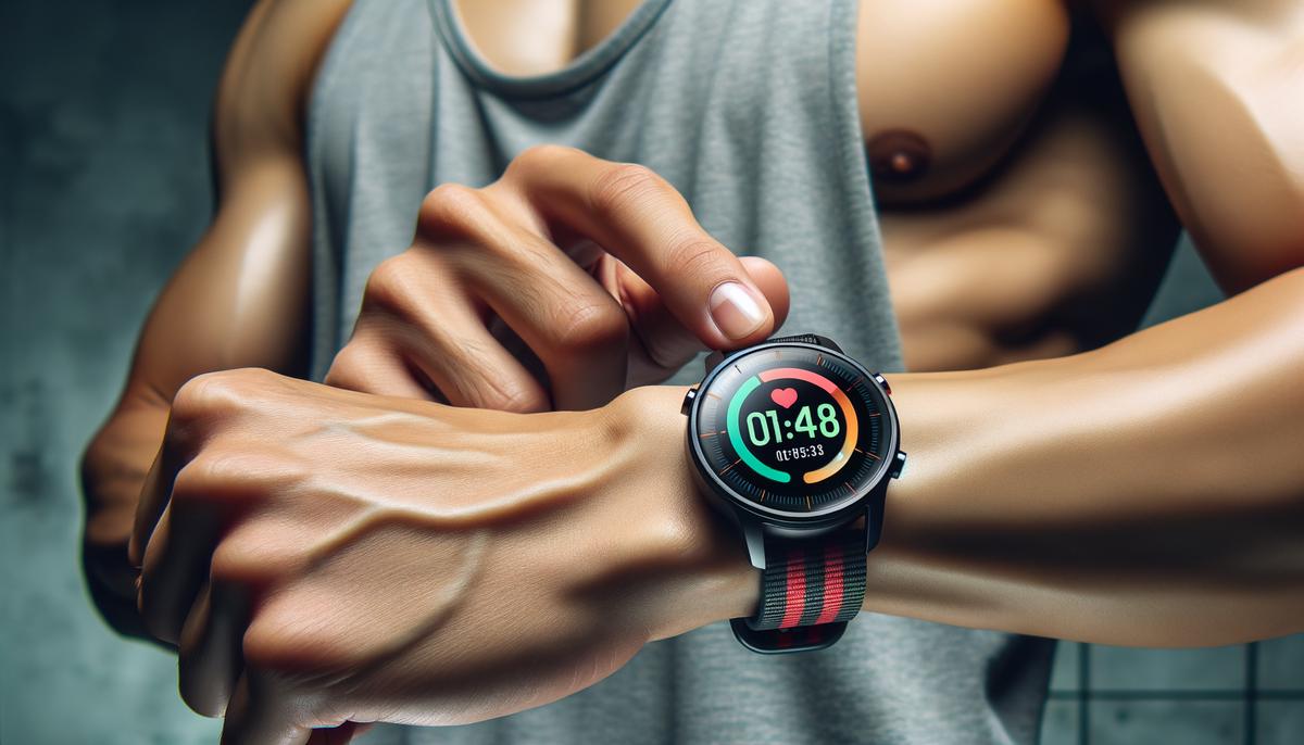 The Amazfit Balance smartwatch with a colorful watchface showing fitness tracking data