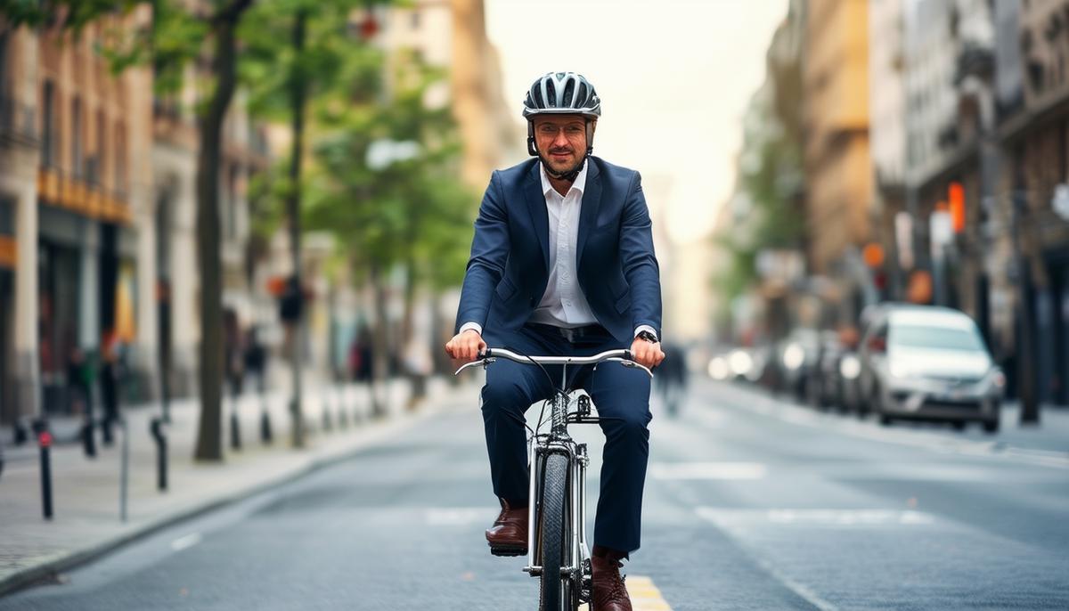 A person wearing business clothes and a helmet, riding a bicycle on a city street
