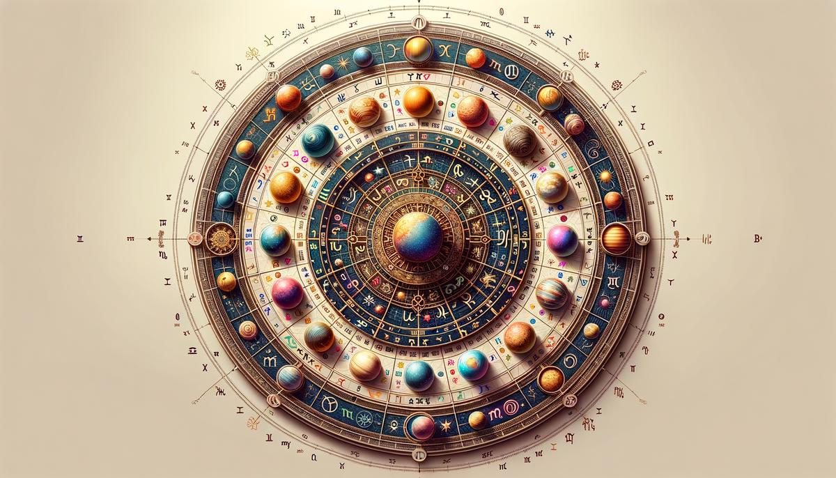 A realistic image depicting zodiac signs, planets, and houses in a birth chart