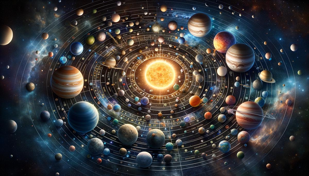 A realistic image depicting various celestial bodies like the sun, moon, Mercury, Venus, Mars, Jupiter, Saturn, Uranus, Neptune, and Pluto, symbolizing birth chart analysis