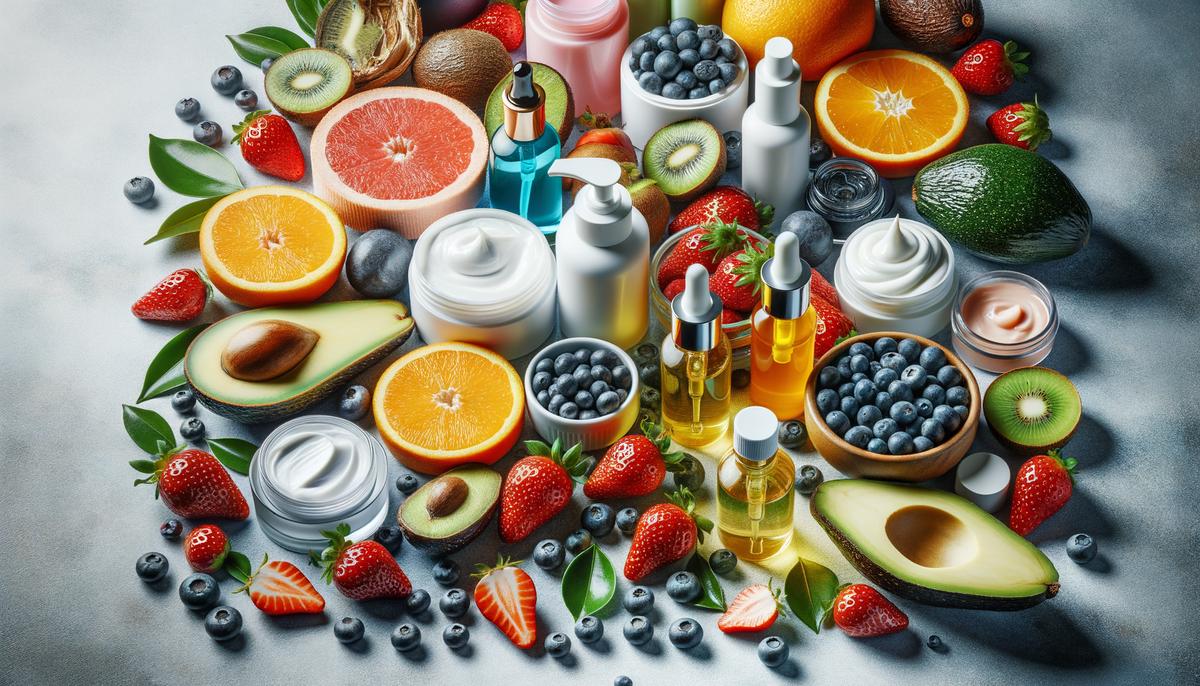 An image of various skincare products and fruits, representing the tips shared for achieving celebrity-worthy dewy skin.