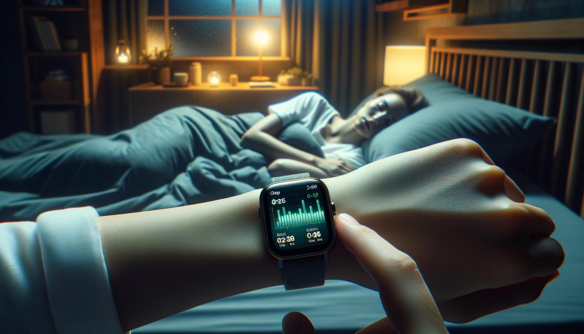 A person sleeping while wearing the Fitbit Sense 2, which is tracking their sleep stages