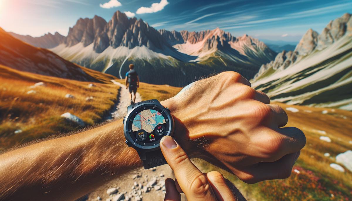 A hiker using the GPS navigation on the Garmin Venu 3S to explore a mountain trail
