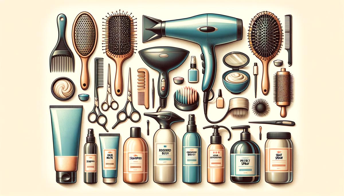 Illustration of various hair care tools and products