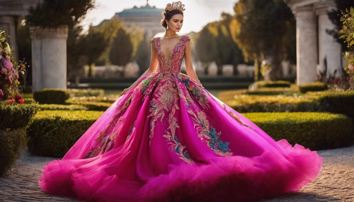 A stunning haute couture dress with intricate details and vibrant colors, showcasing the beauty and craftsmanship of high-end fashion