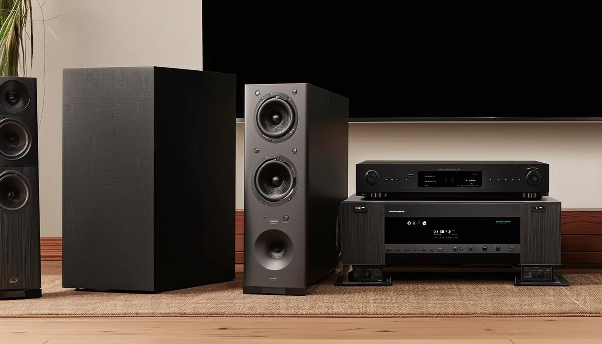 an arrangement of essential home theater components, including speakers, a subwoofer, and a receiver, showcasing their roles in creating an immersive audio experience