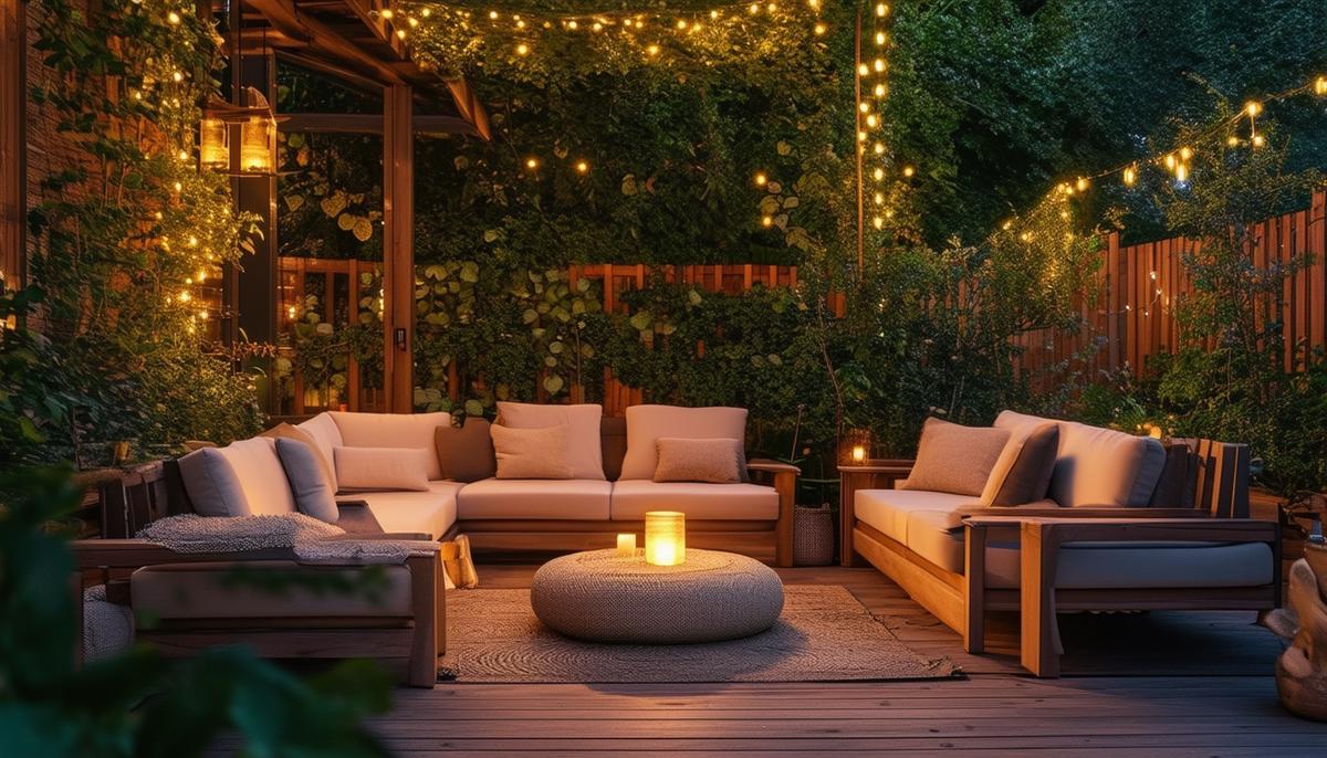 A cozy outdoor space with comfortable seating, soft lighting, and greenery, embodying the hygge concept in warmer seasons