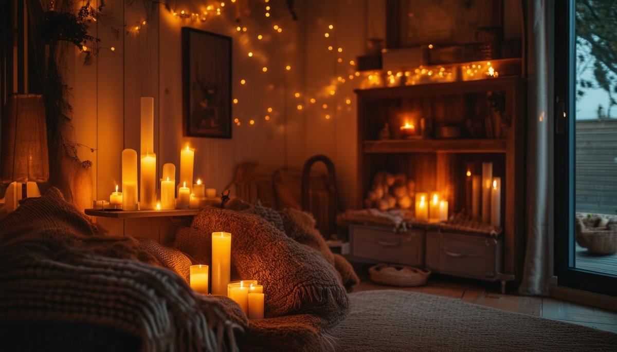 A room with soft, warm lighting from candles and lamps, creating a cozy hygge atmosphere