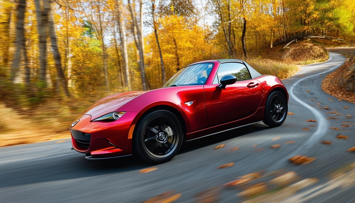 A lively Mazda MX-5 Miata navigating a winding road with enthusiasm