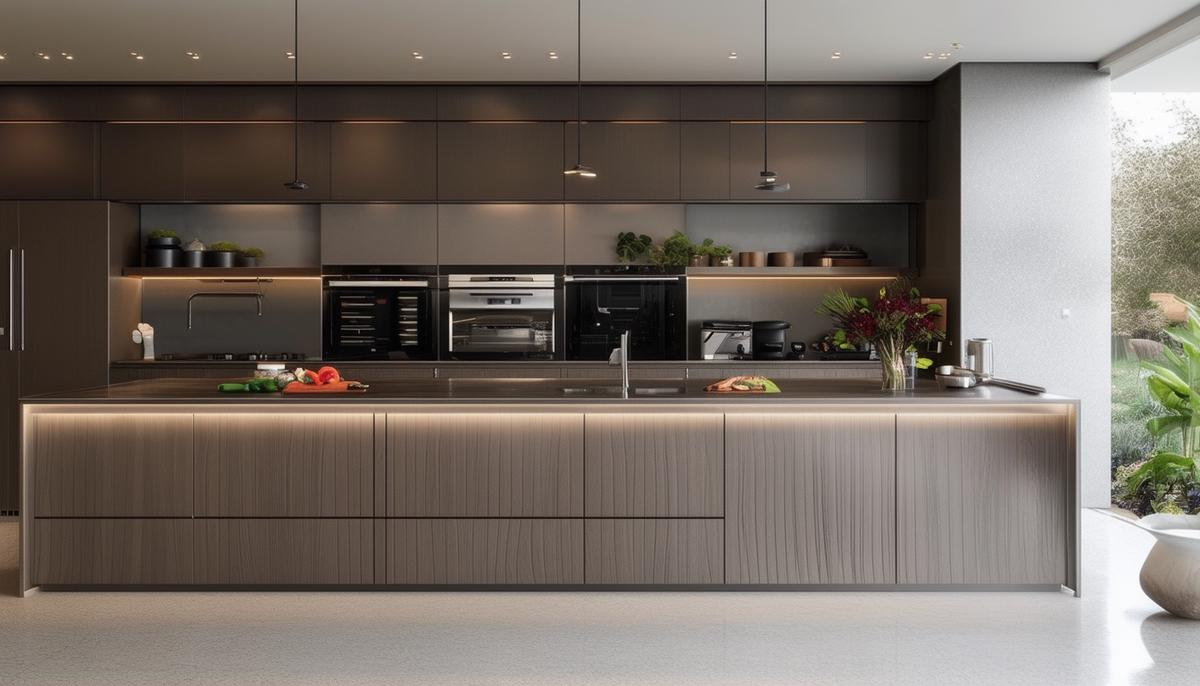 A sleek modern kitchen with built-in appliances seamlessly integrated into the cabinetry