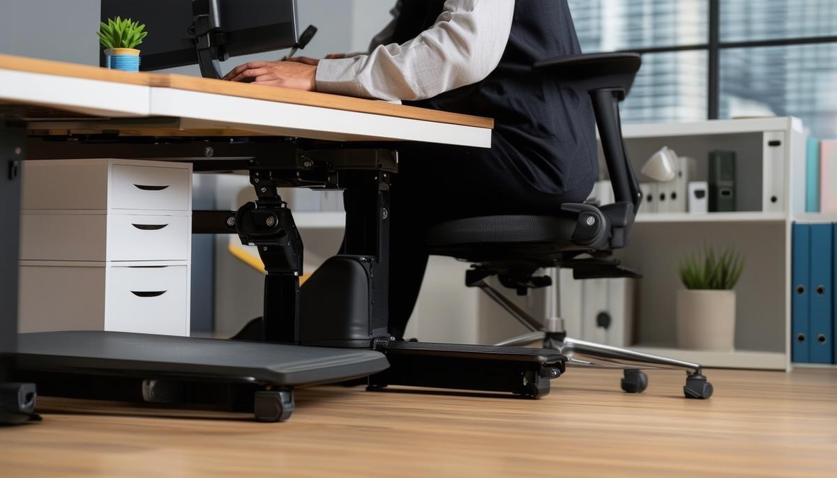 A person doing leg extensions while seated at an office desk