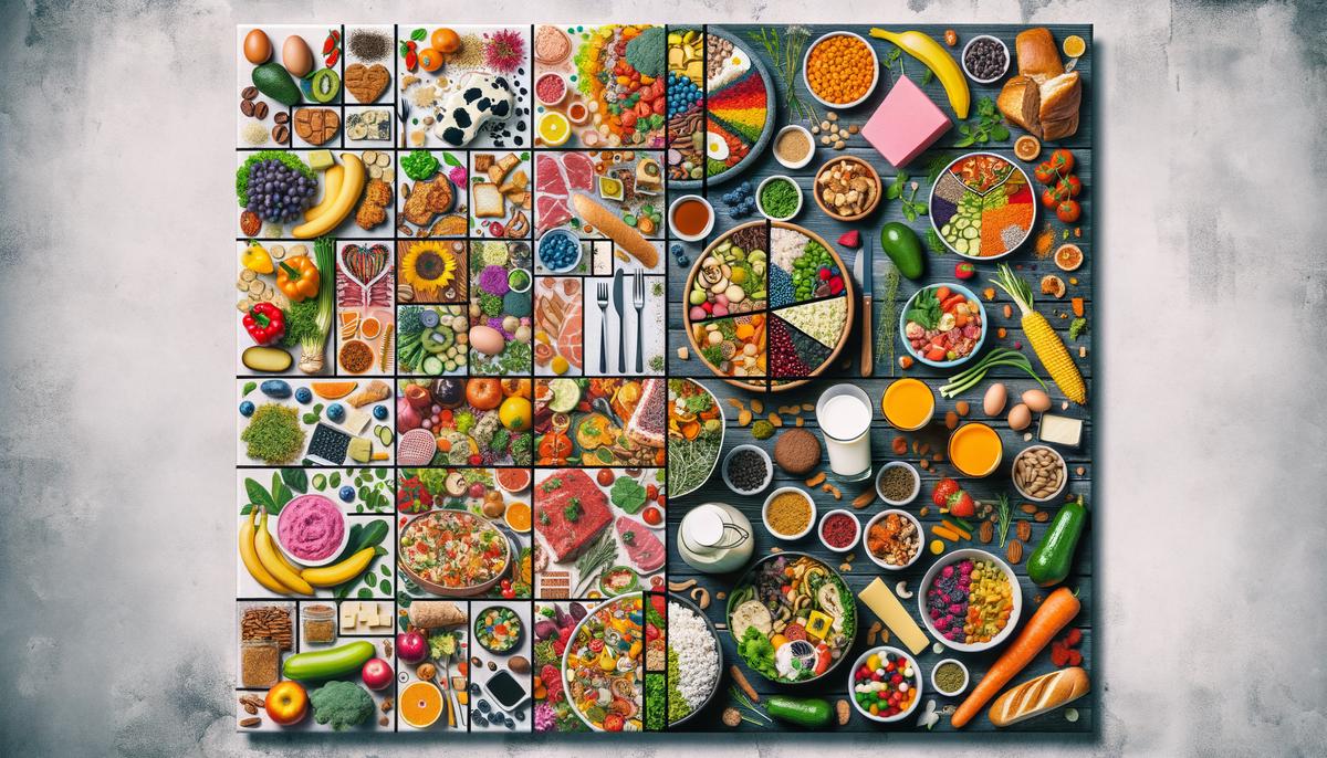 A collage of common misconceptions about plant-based diets, such as lack of variety, unsatisfying meals, and nutrient deficiencies, contrasted with images of diverse and nutritious plant-based meals.