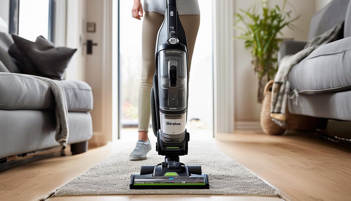 The Shark Stratos Upright Vacuum effectively cleaning both carpets and hard floors with its DuoClean technology and anti-hair wrap feature