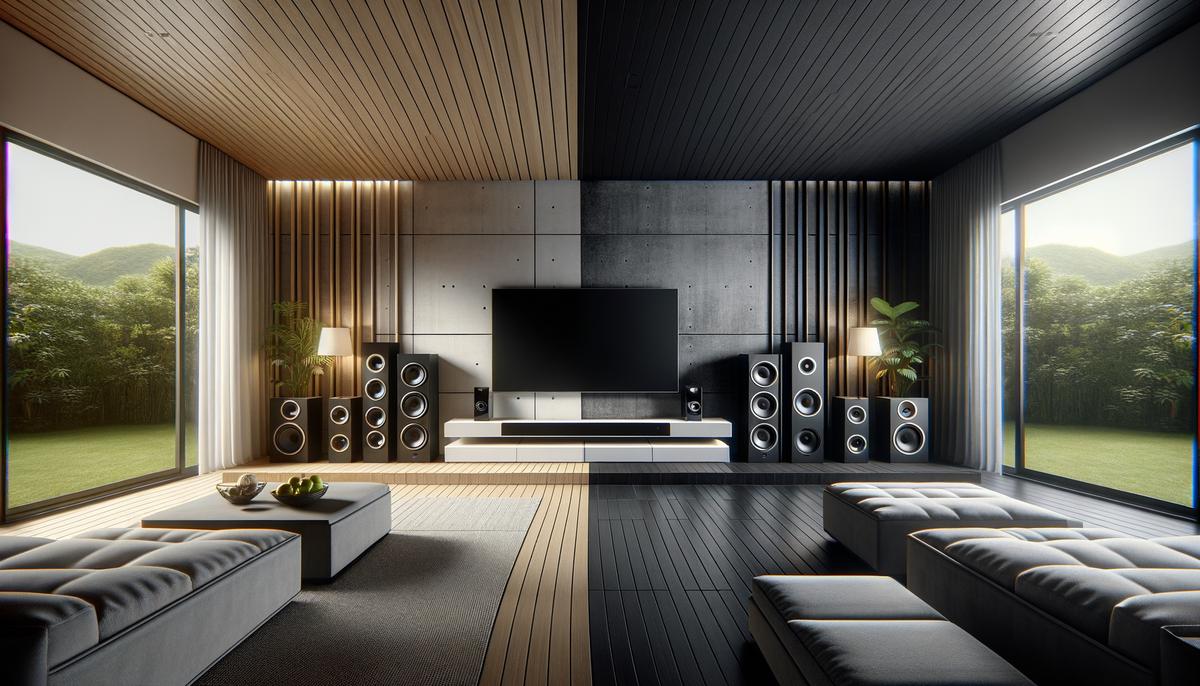 a side-by-side comparison of a sleek soundbar and a traditional multi-speaker surround sound system, illustrating the differences in their setups and the audio experiences they provide