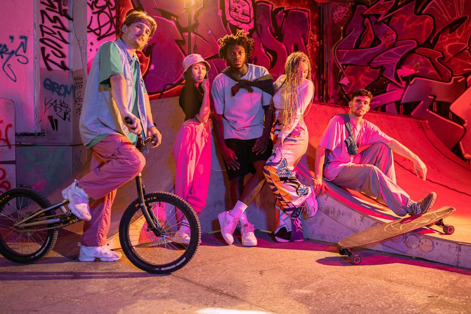 Image depicting the rise of streetwear into the fashion stratosphere, showcasing a mix of streetwear clothing items and high fashion elements.