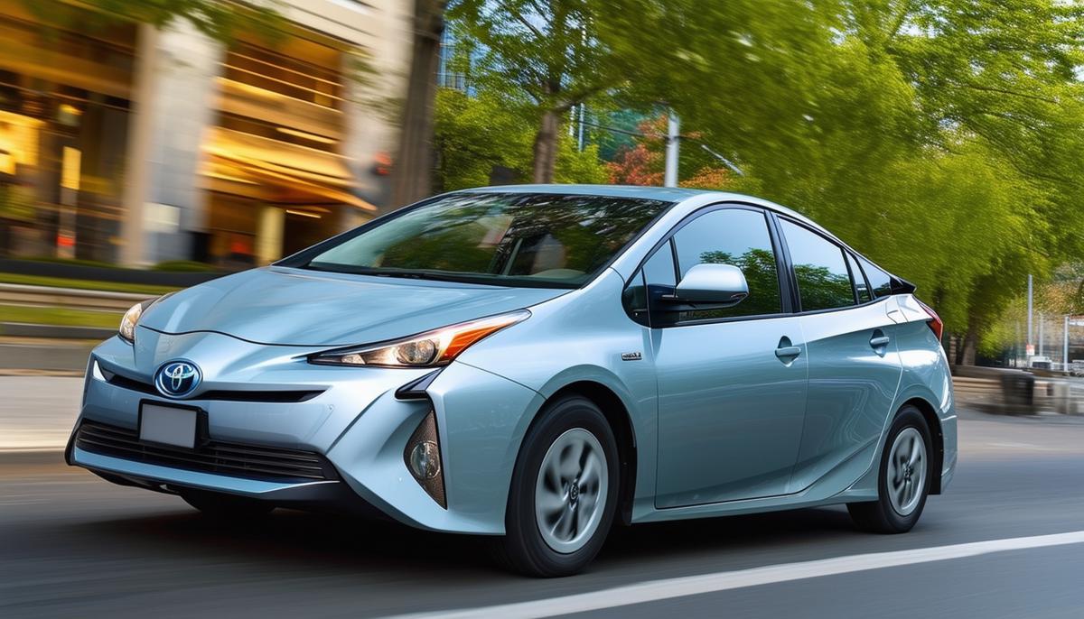 A Toyota Prius hybrid car in an eco-friendly urban setting