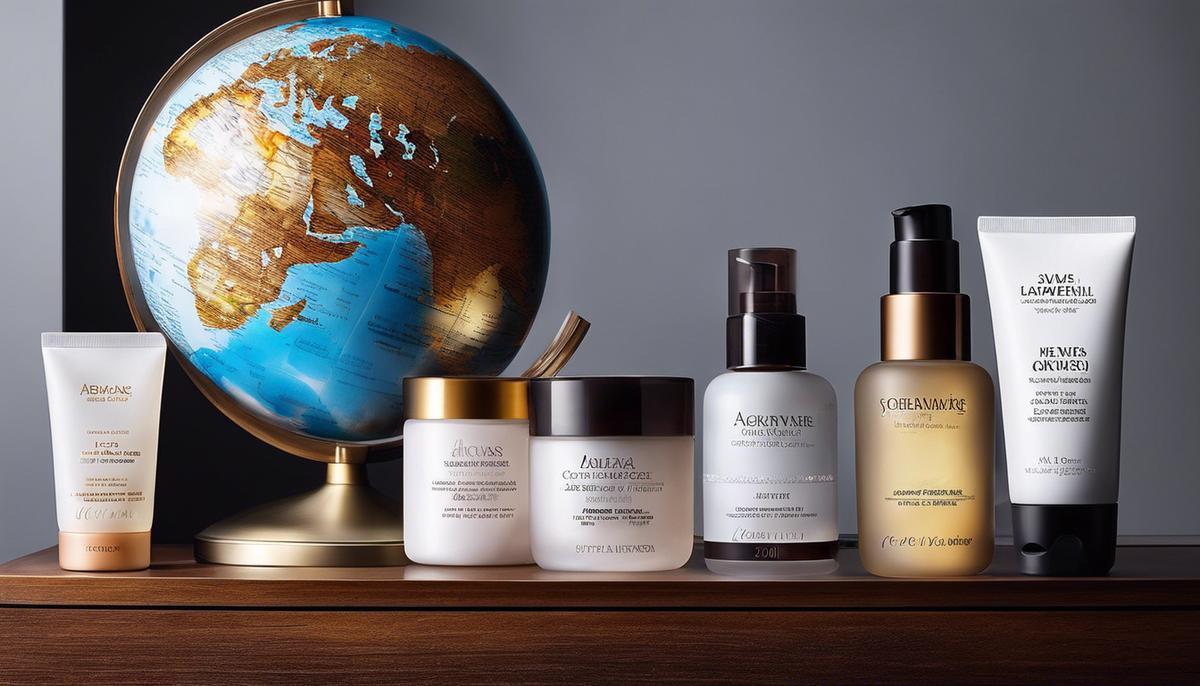 An image showing different skincare products with a globe in the background.