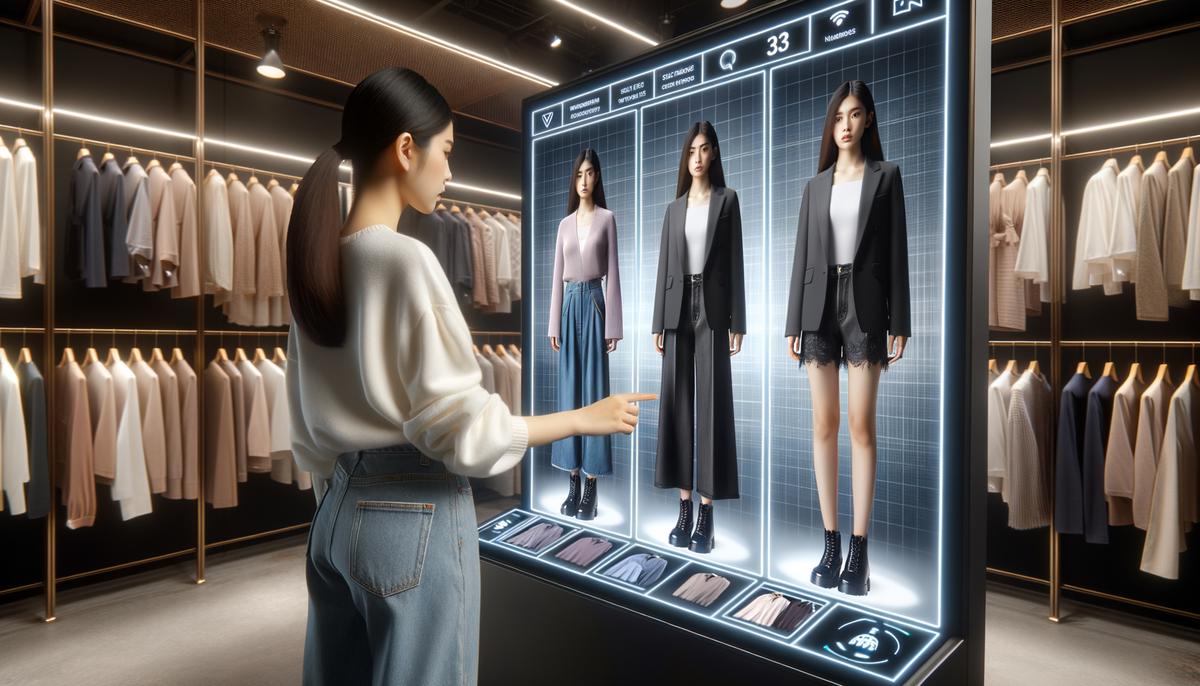 A person using a virtual fitting room with augmented reality technology to try on clothes digitally.