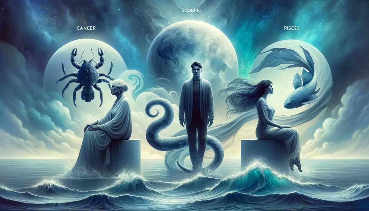 An image depicting the water signs of the zodiac - Cancer, Scorpio, and Pisces - symbolizing emotion, intuition, and depth